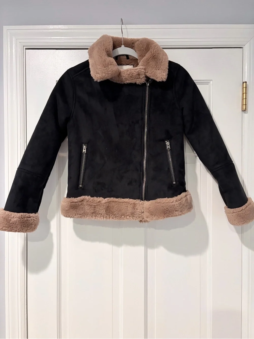 abercrombie kids Black Jacket with Tan Faux Fur Trim